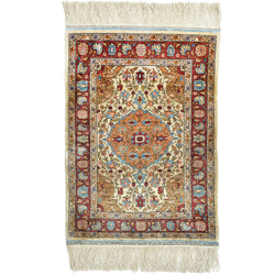 Handknuten turkisk matta Hereke silke (Semi Antik) 71x50 cm i rött, blått och beige